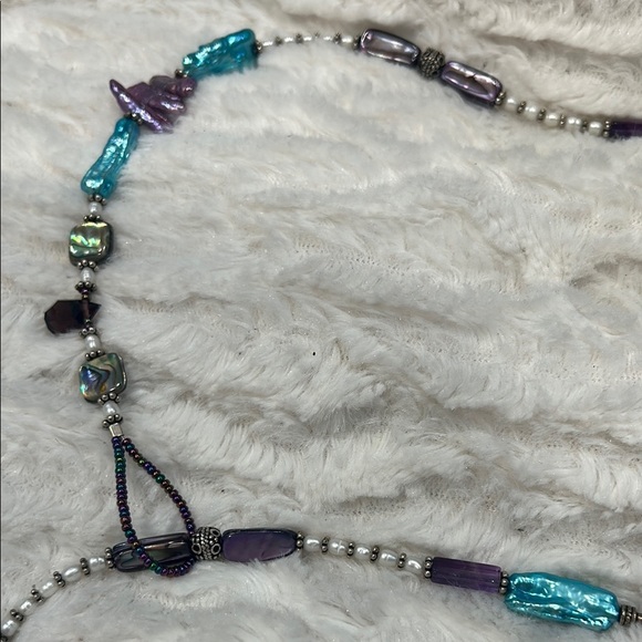 Vintage wrap around single loop Purple and Blue stone Asymmetrical Necklace - Picture 3 of 6